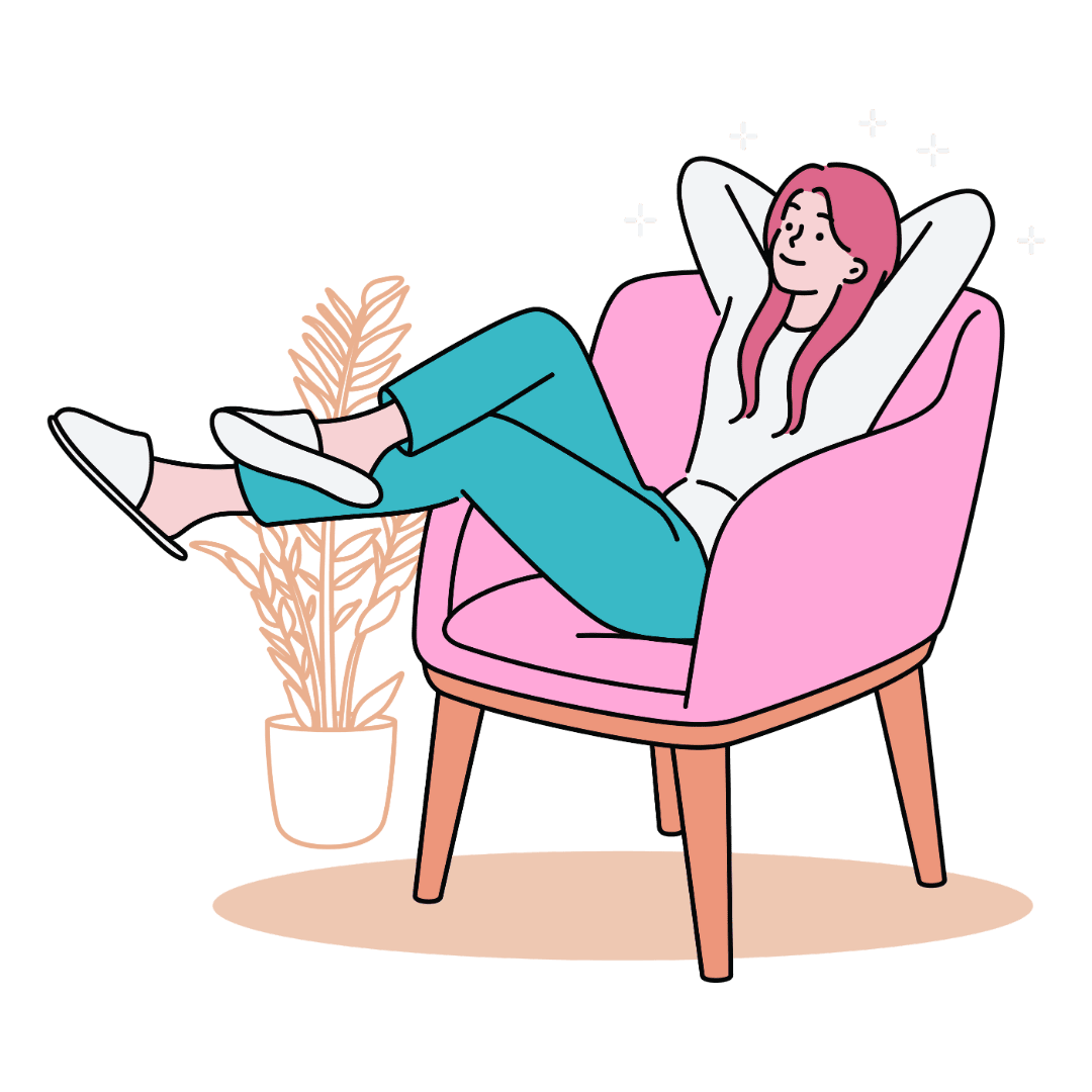 Happy woman sitting in chair relaxing. She is an independent investor who grows her wealth patiently, tirelessly and relentlessly. 