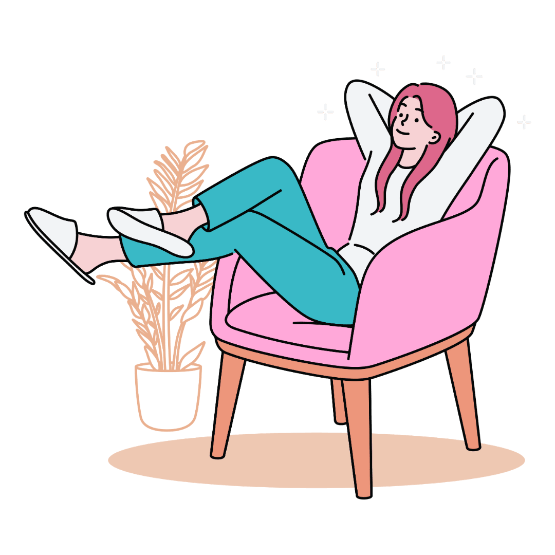 Happy woman sitting in chair relaxing. She is an independent investor who grows her wealth patiently, tirelessly and relentlessly.